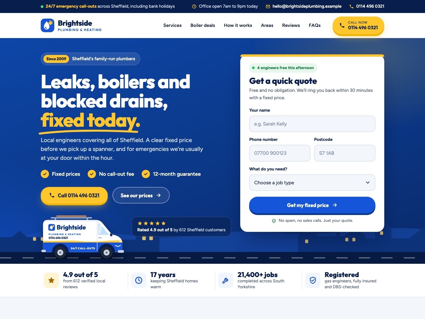 Brightside Plumbing & Heating website, desktop
